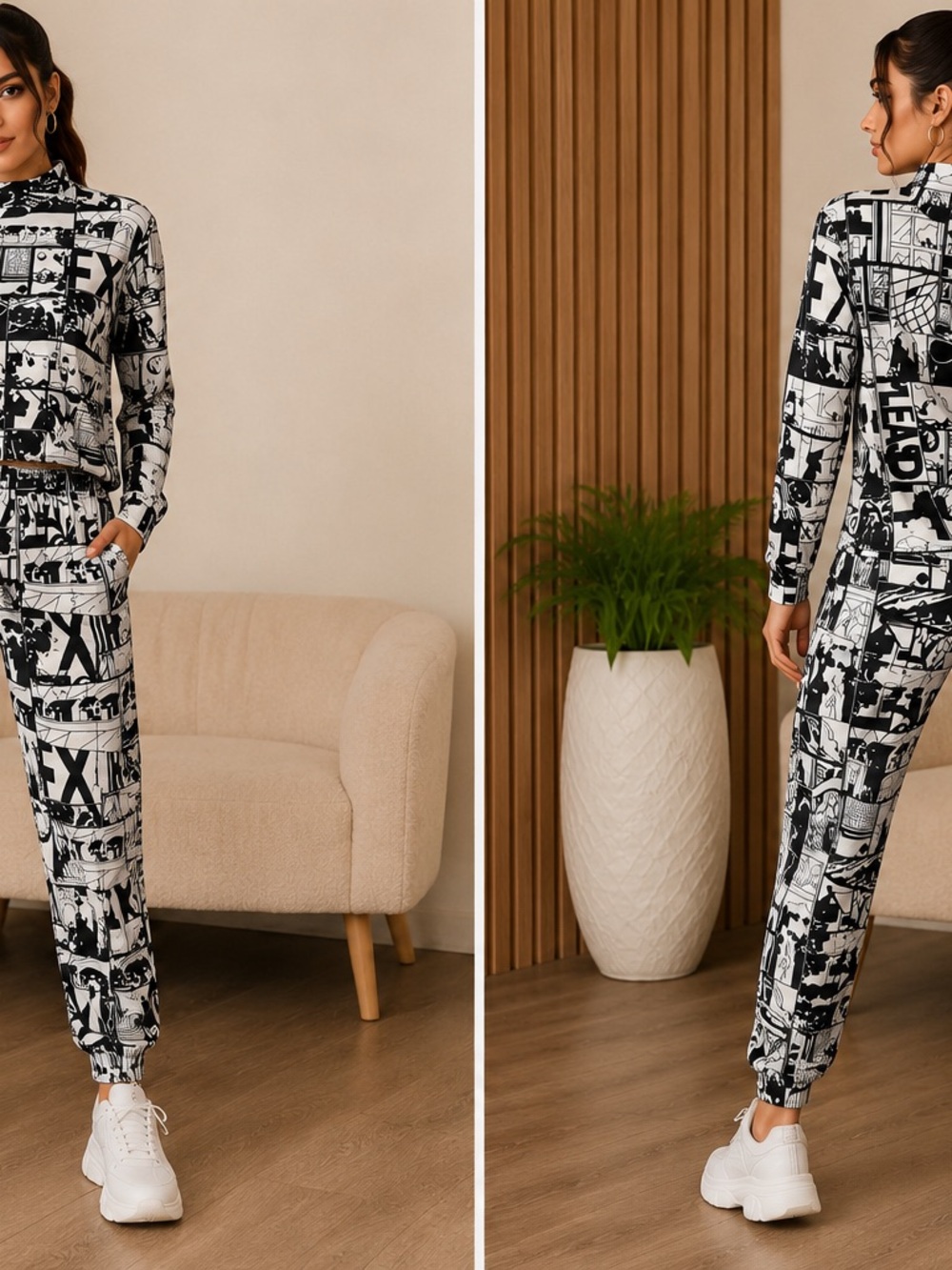 SHEIN Black and White Graphic Print Two-Piece Lounge Set - Picture 2 of 8